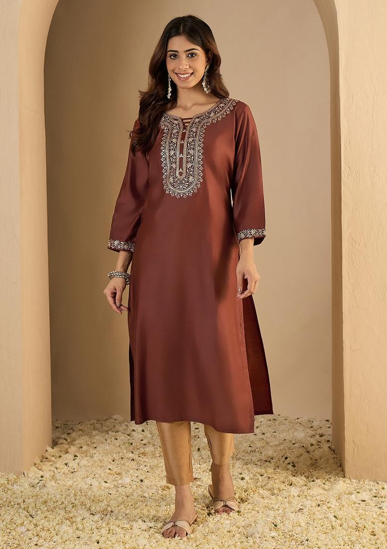 Brown Embroidery Silk Kurta - Indya