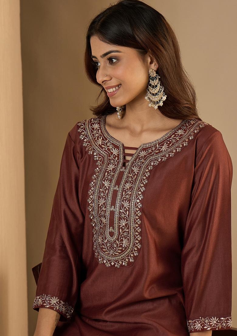Brown Embroidery Silk Kurta - Indya
