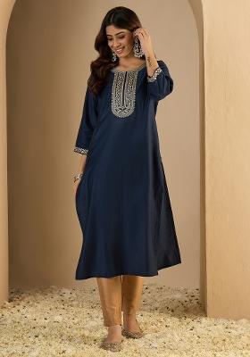 Navy Blue Embroidery Silk Kurta