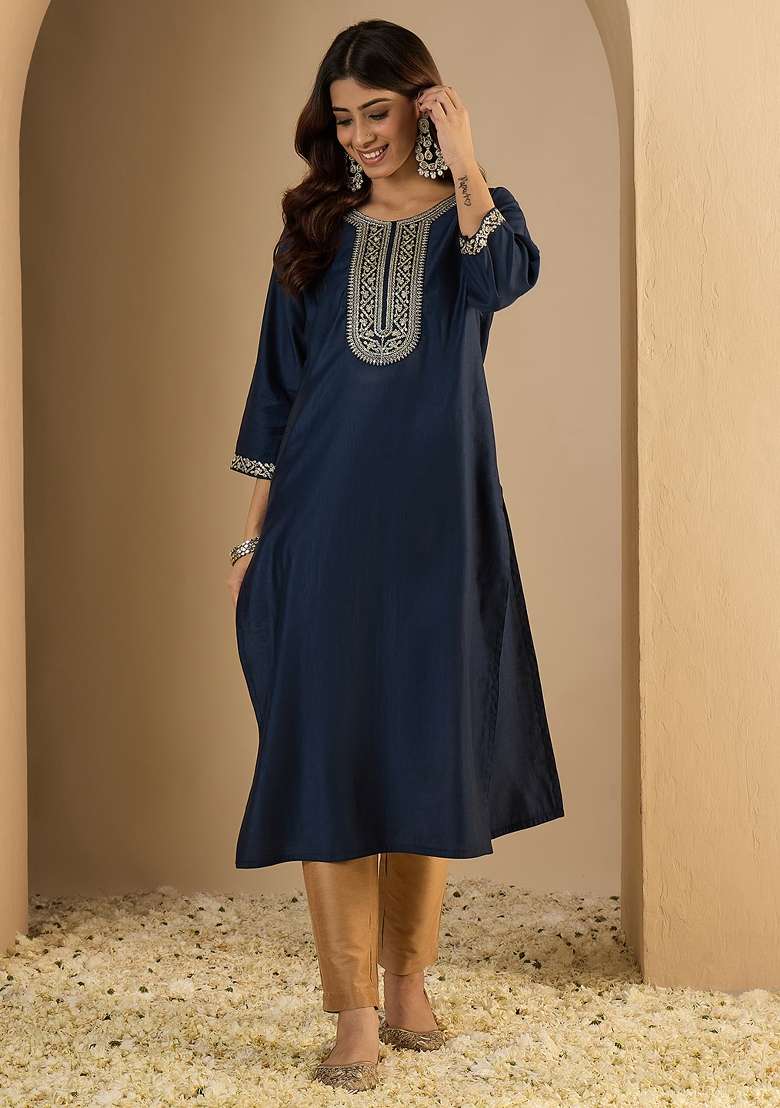 Navy Blue Embroidery Silk Kurta - Indya