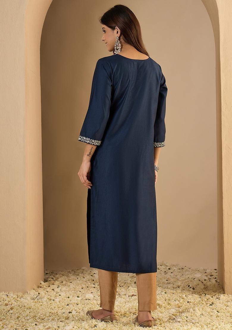 Navy Blue Embroidery Silk Kurta - Indya