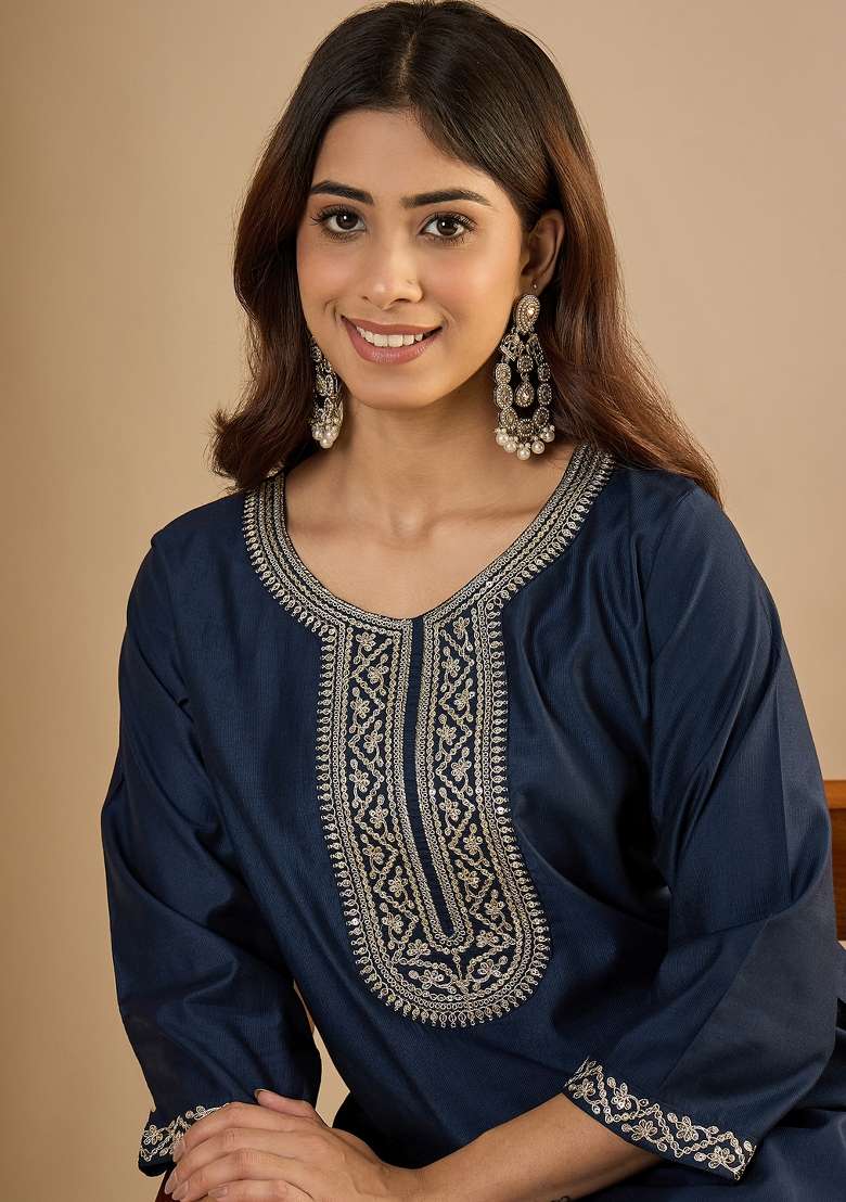 Navy Blue Embroidery Silk Kurta - Indya