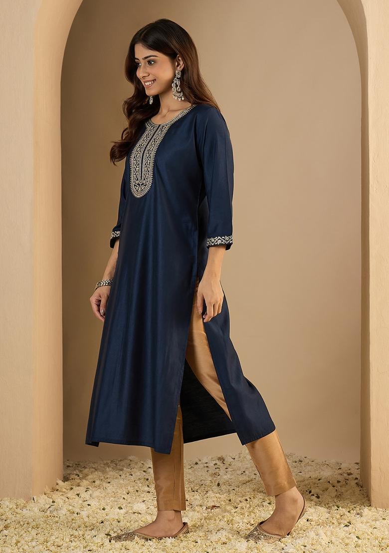 Navy Blue Embroidery Silk Kurta - Indya