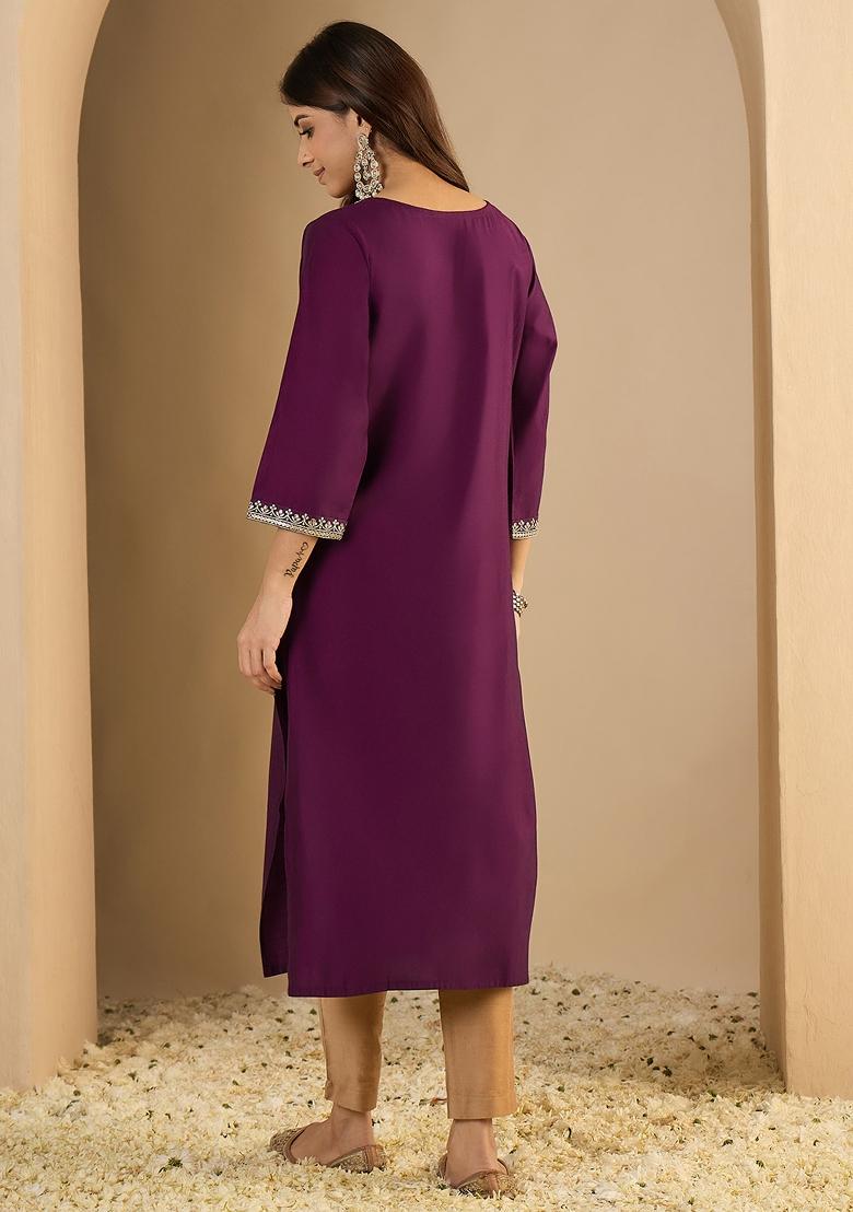 Purple Embroidery Silk Kurta - Indya
