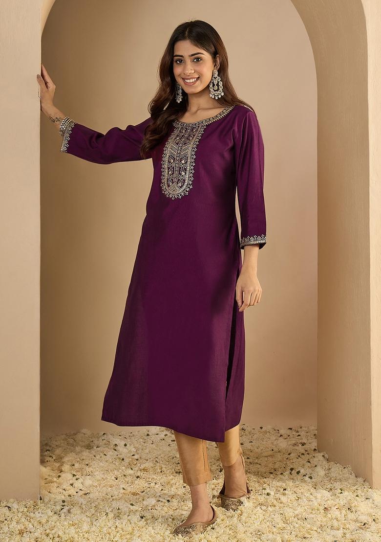 Purple Embroidery Silk Kurta - Indya