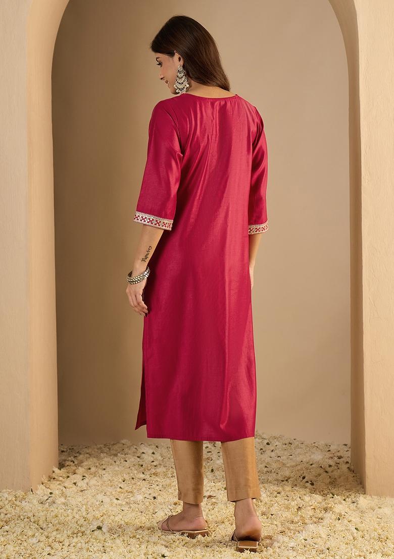 Pink Embroidery Silk Kurta - Indya