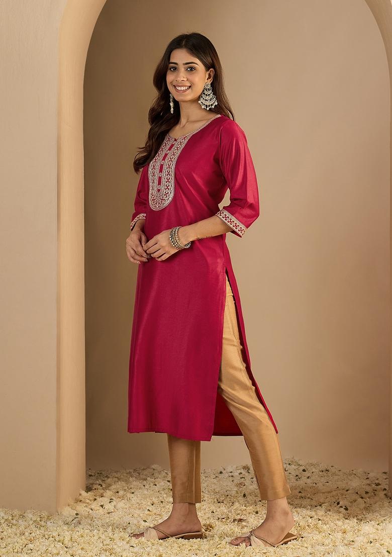 Pink Embroidery Silk Kurta - Indya