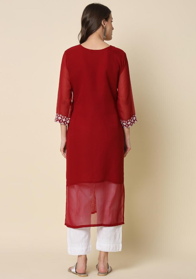 Maroon Embroidery Georgette Kurta - Indya