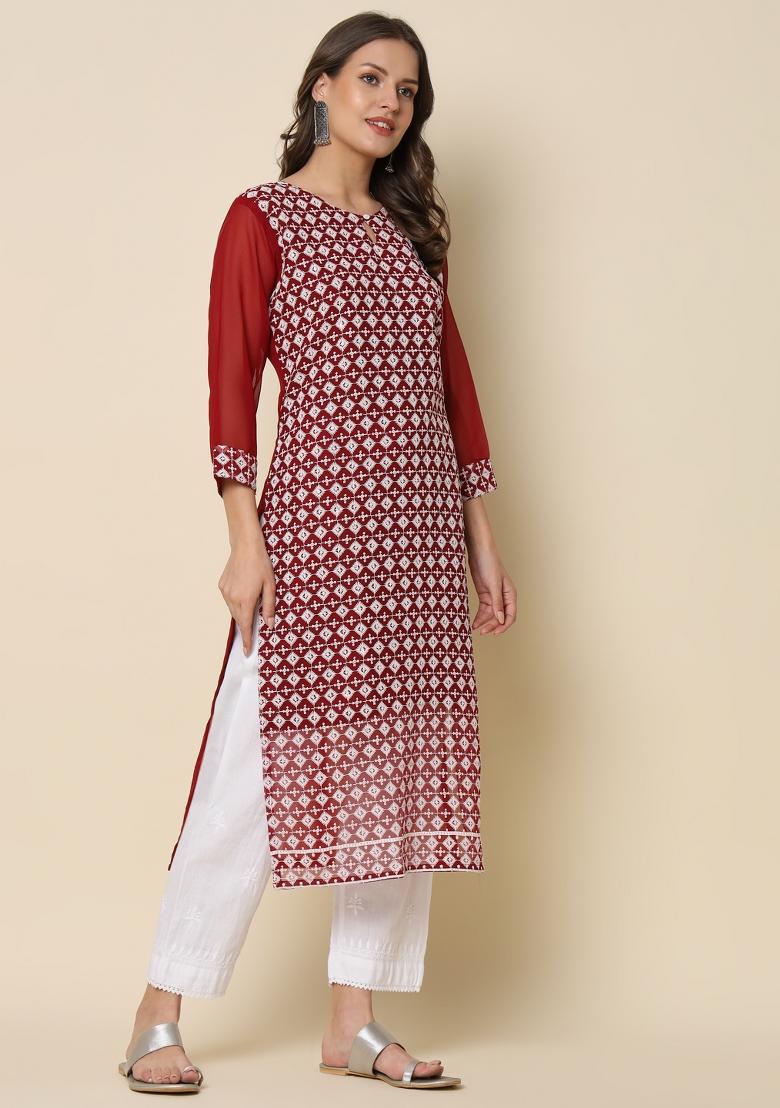 Maroon Embroidery Georgette Kurta - Indya