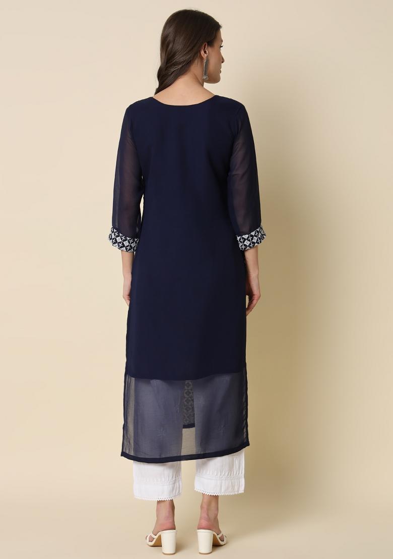 Navy Blue Embroidery Georgette Kurta - Indya