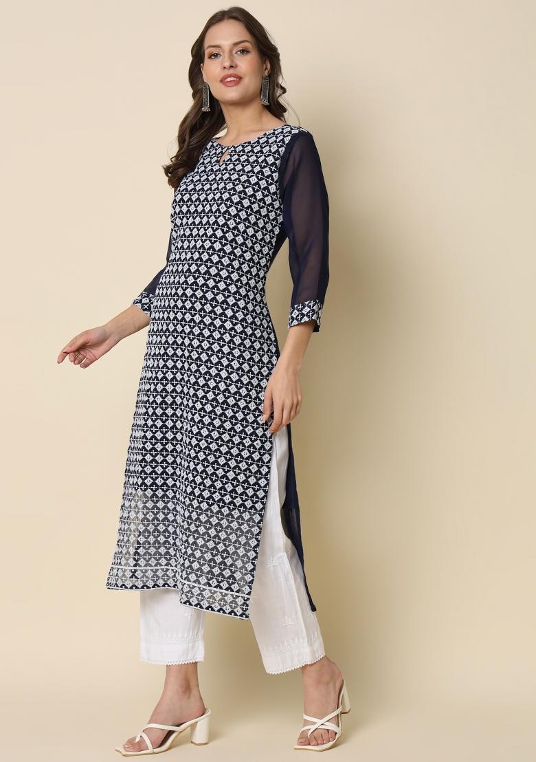 Navy Blue Embroidery Georgette Kurta - Indya