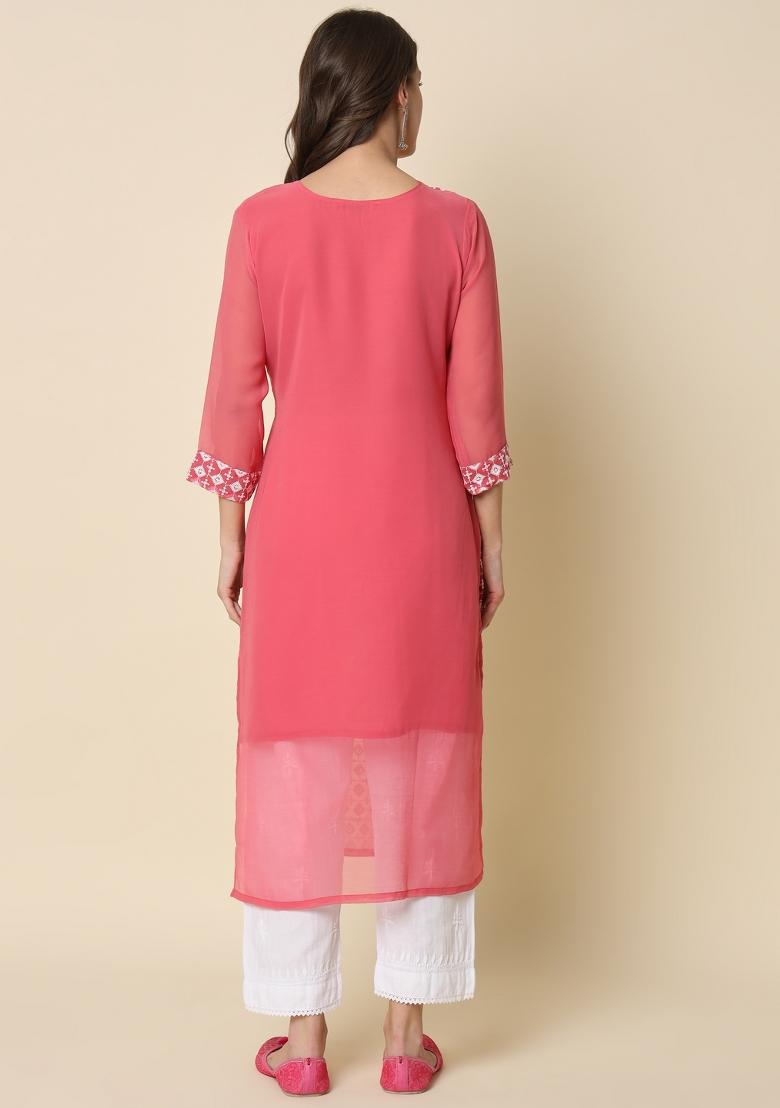 Pink Embroidery Georgette Kurta - Indya