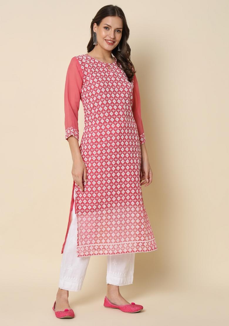 Pink Embroidery Georgette Kurta - Indya