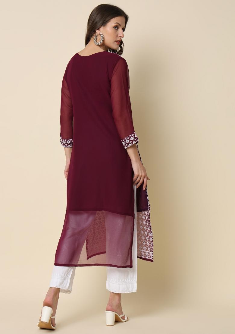 Purple Embroidery Georgette Kurta - Indya