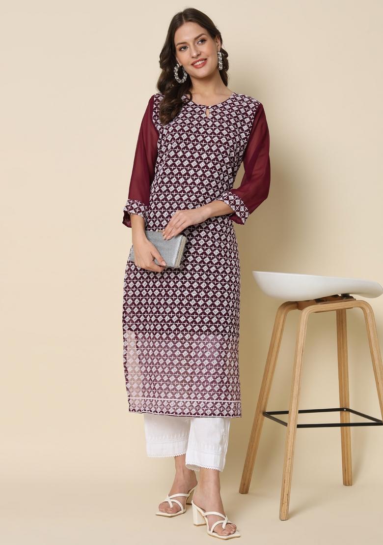 Purple Embroidery Georgette Kurta - Indya