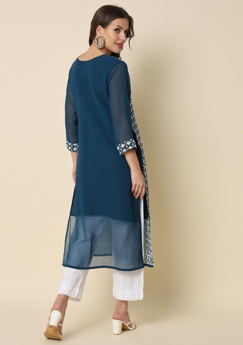 Teal Embroidery Georgette Kurta - Indya