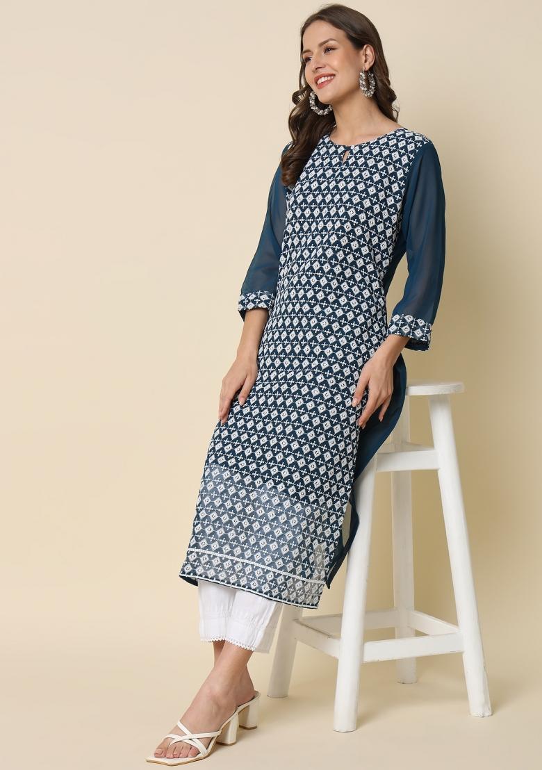 Teal Embroidery Georgette Kurta - Indya