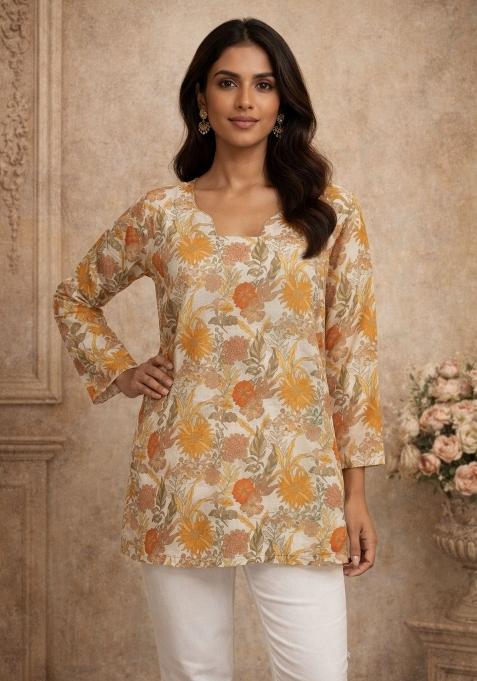 Peach Printed Silk Kurta
