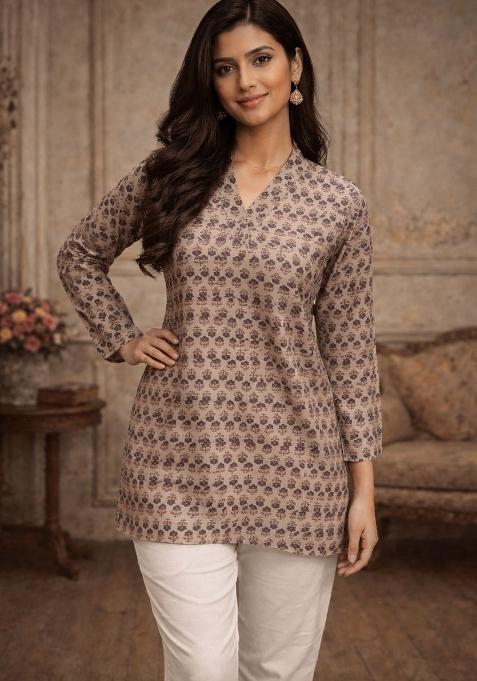 Grey Printed Silk Kurta