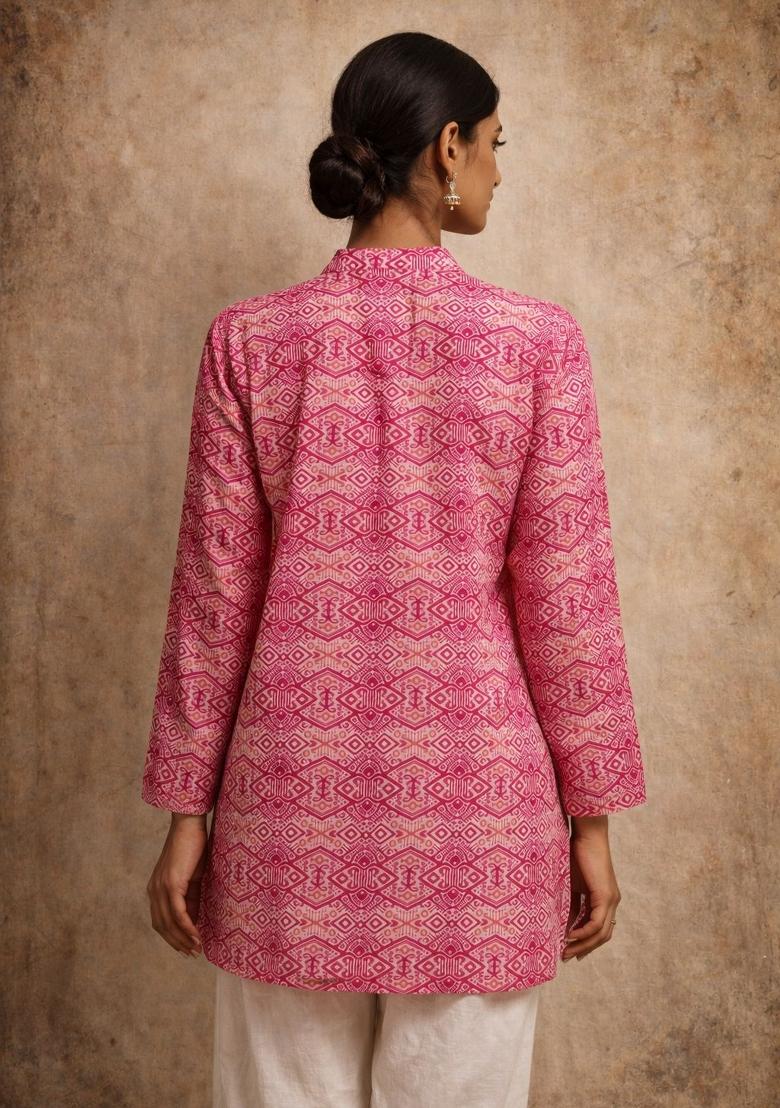 Pink Printed Silk Kurta - Indya