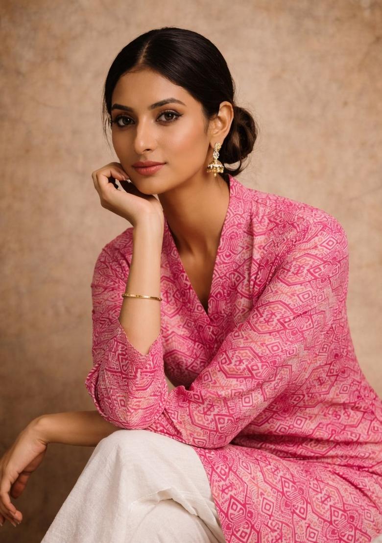 Pink Printed Silk Kurta - Indya