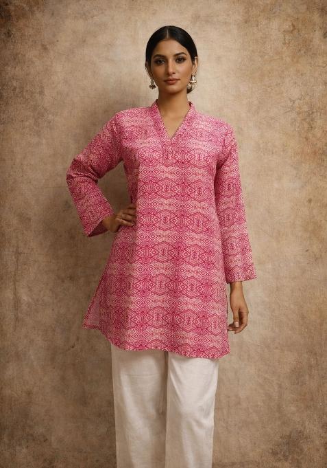 Pink Printed Silk Kurta