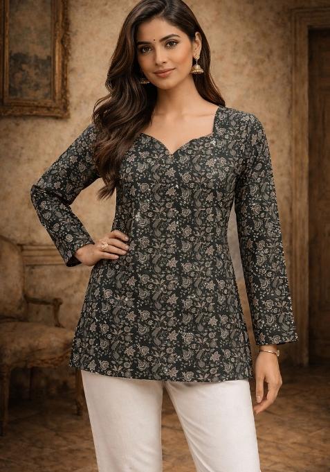 Black Printed Silk Kurta