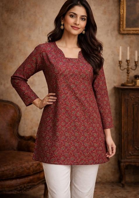 Maroon Printed Silk Kurta