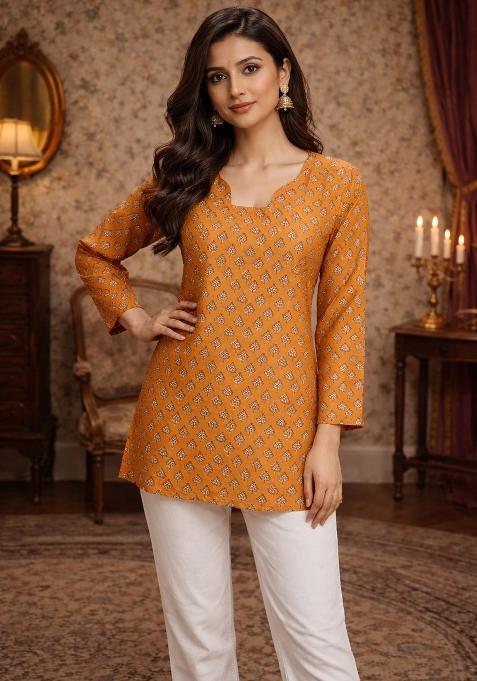 Orange Printed Silk Kurta