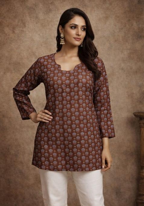 Brown Printed Silk Kurta