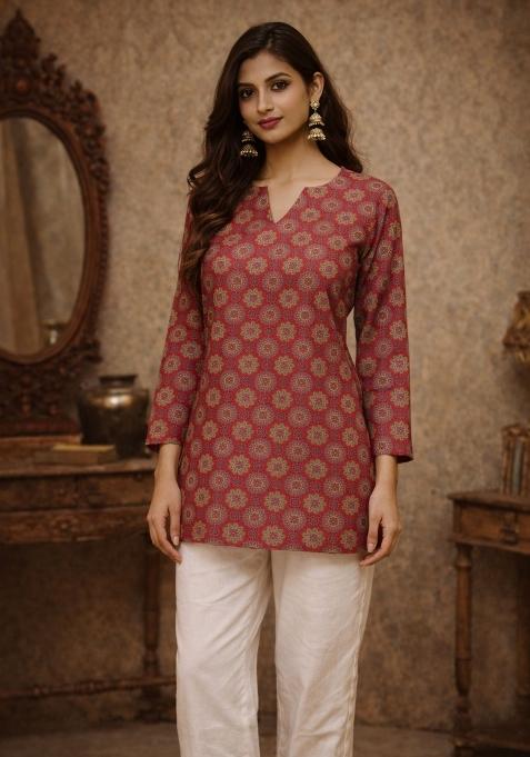 Maroon Printed Silk Kurta