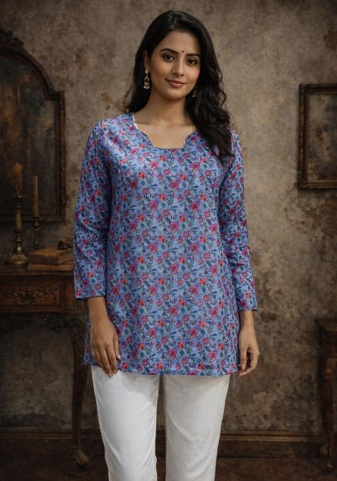 Blue Printed Silk Kurta