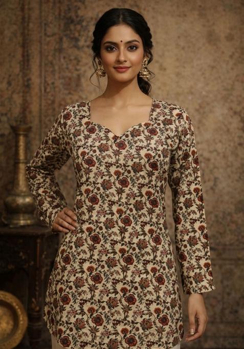 Cream Printed Silk Kurta