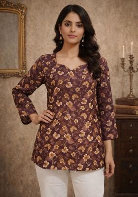 Wine Printed Silk Kurta