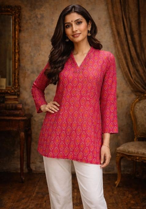 Pink Printed Silk Kurta
