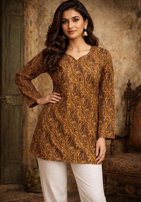 Orange Printed Silk Kurta