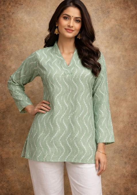 Green Printed Silk Kurta