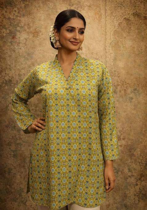 Green Printed Silk Kurta