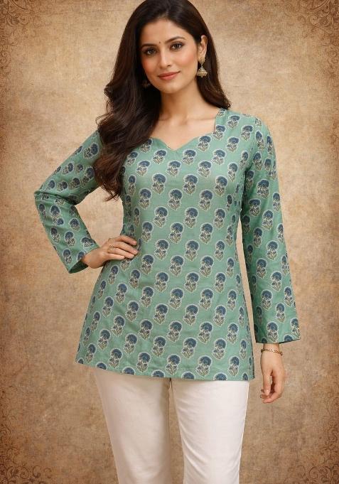Green Printed Silk Kurta