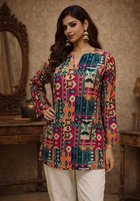 Multicolor Printed Silk Kurta