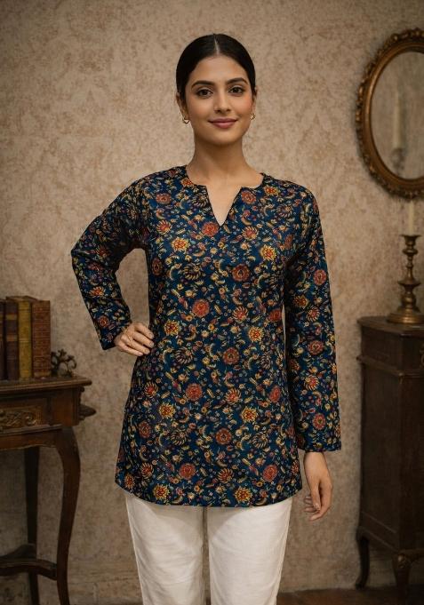 Blue Printed Silk Kurta