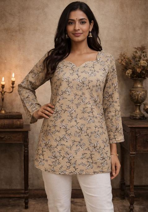 Beige Printed Silk Kurta