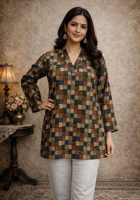 Multicolor Printed Silk Kurta