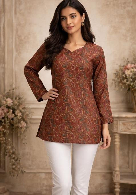 Brown Printed Silk Kurta
