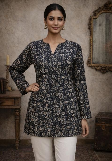 Black Printed Silk Kurta