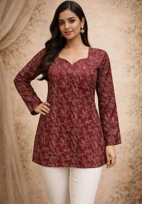 Maroon Printed Silk Kurta