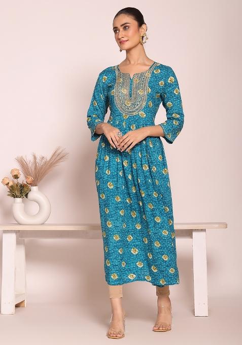 Blue Printed Silk Kurta