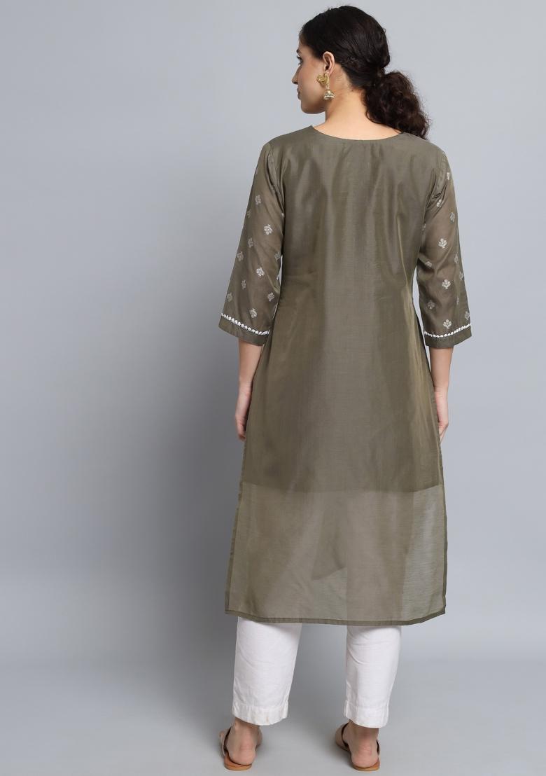 Grey Embroidery Silk Kurta - Indya
