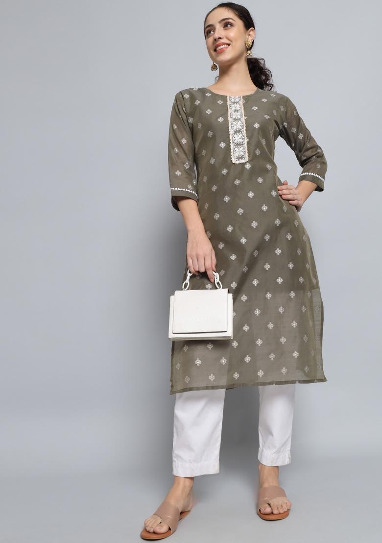 Grey Embroidery Silk Kurta - Indya