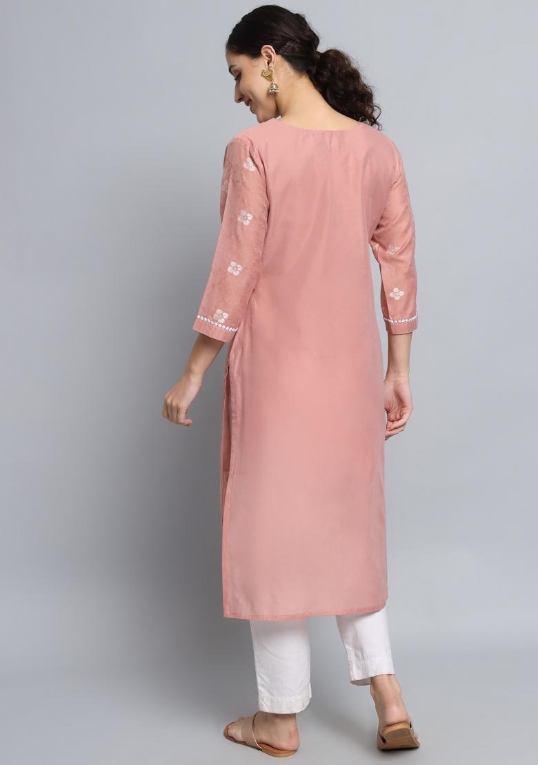 Pink Embroidery Silk Kurta - Indya
